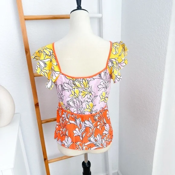 Farm Rio Tia Flutter Sleeved Blouse Floral Yellow Pink - Picture 4 of 8
